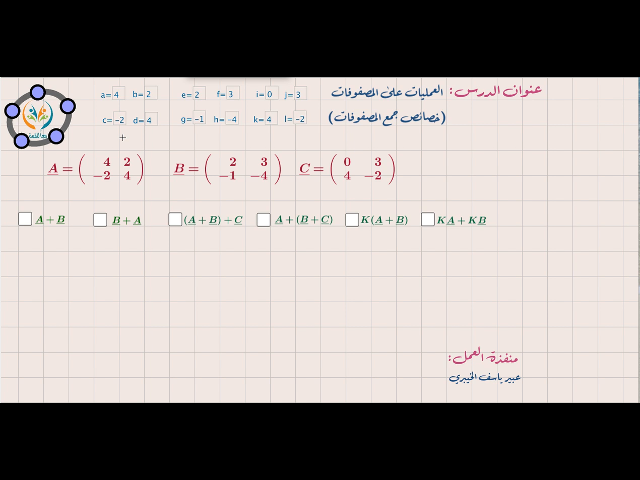 العمليات على المصفوفات – خصائص جمع المصفوفات