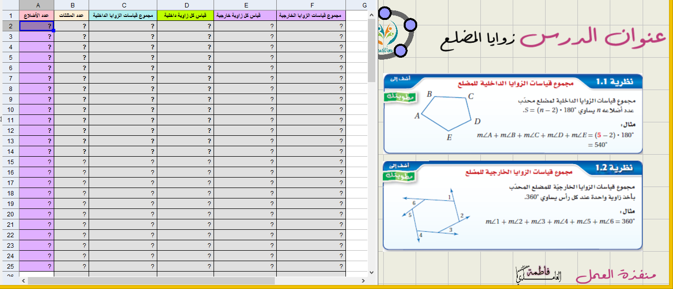 توسع :معمل الجداول الإلكترونية (زوايا المضلع )